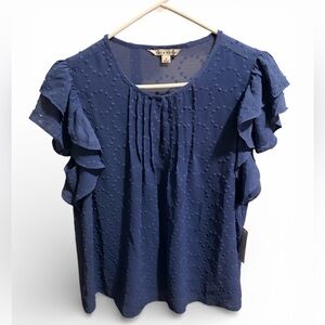 Zac & Rachel Navy Blue Swiss Dot Flutter Sleeve Blouse